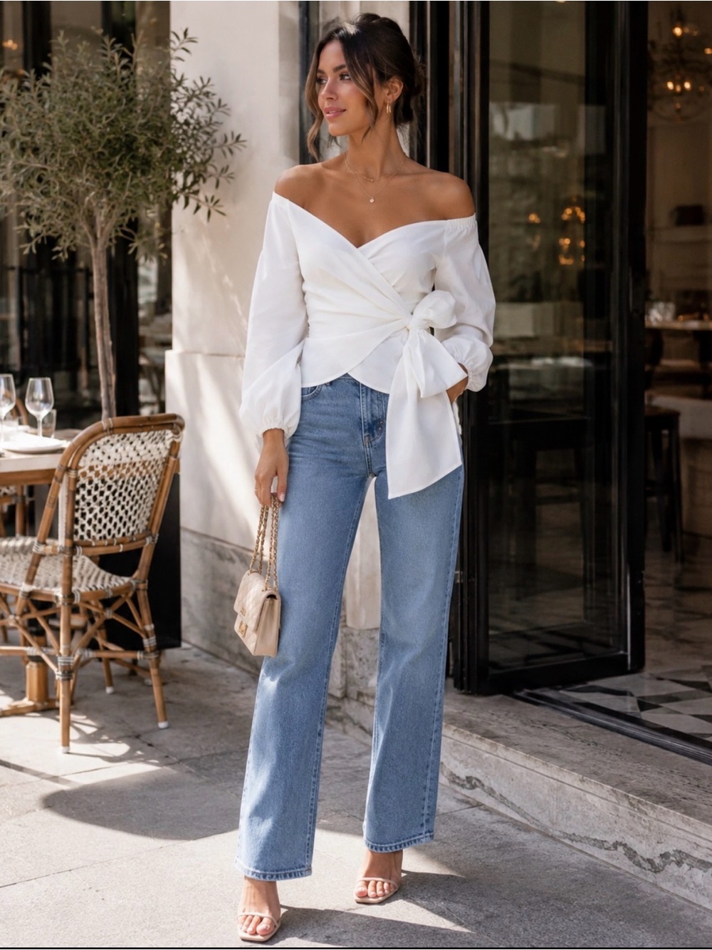 Reformation Hart Linen Wrap Top White Off Shoulder Tie Waist Blouse Size x Large